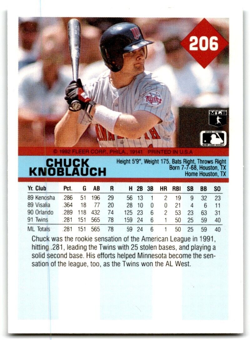 1992 Fleer Chuck Knoblauch Minnesota Twins #206