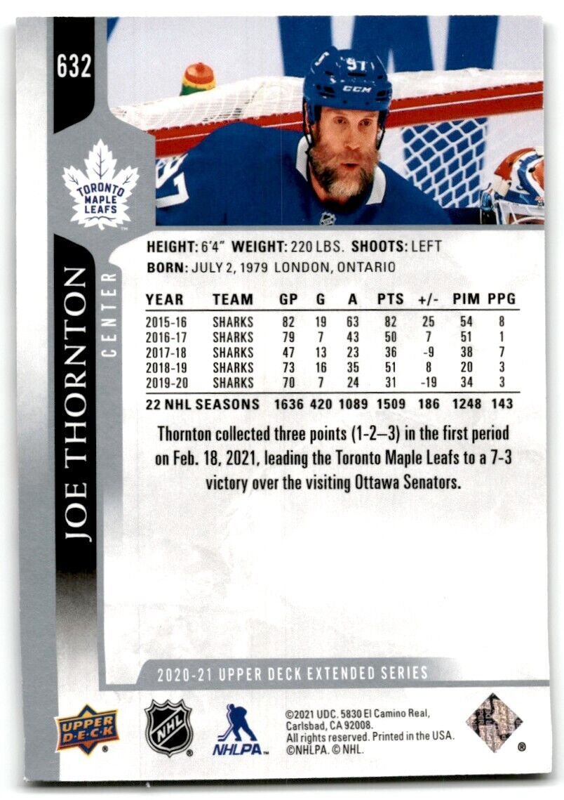 2020-21 Upper Deck Joe Thornton Toronto Maple Leafs #632