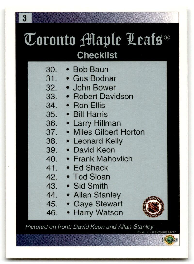 1991-92 Ultimate Original 6 Toronto Maple Leafs Toronto Maple Leafs #3