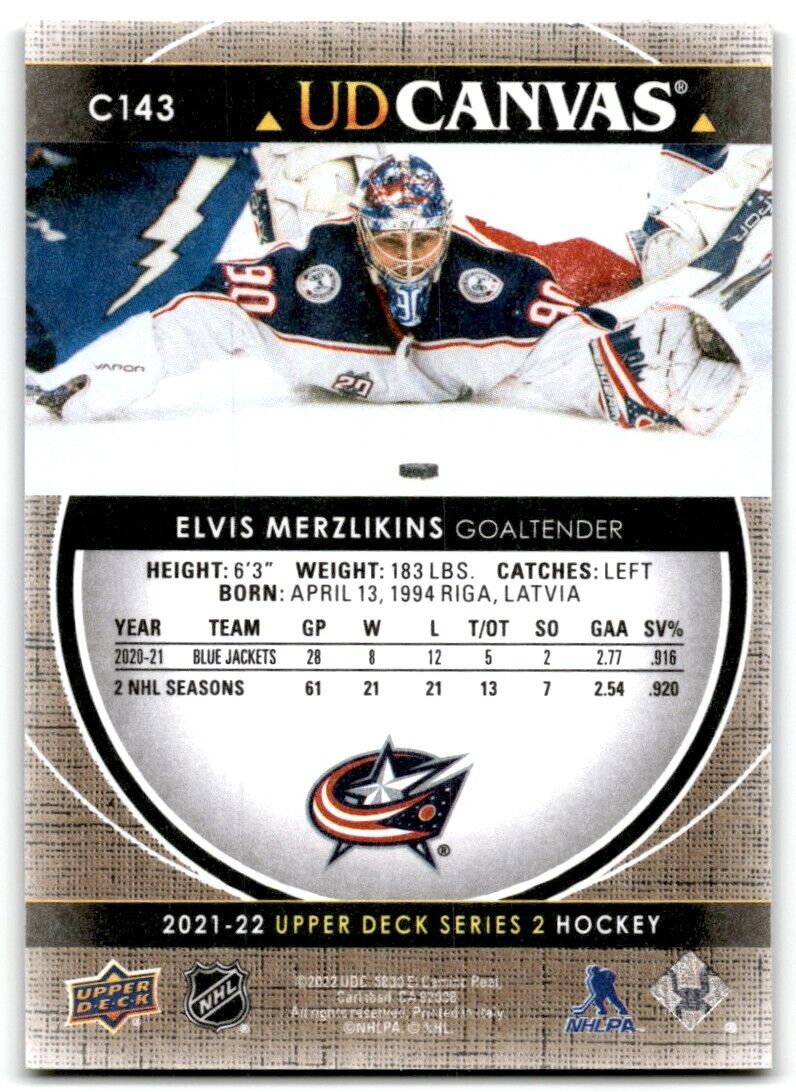 2021-22 Upper Deck UD Canvas Elvis Merzlikins Columbus Blue Jackets #C143