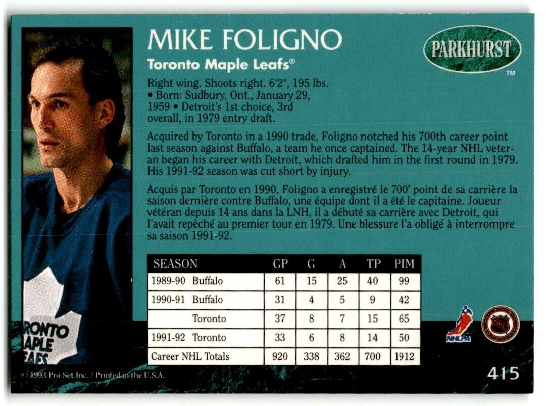 1992-93 Parkhurst Mike Foligno Toronto Maple Leafs #415