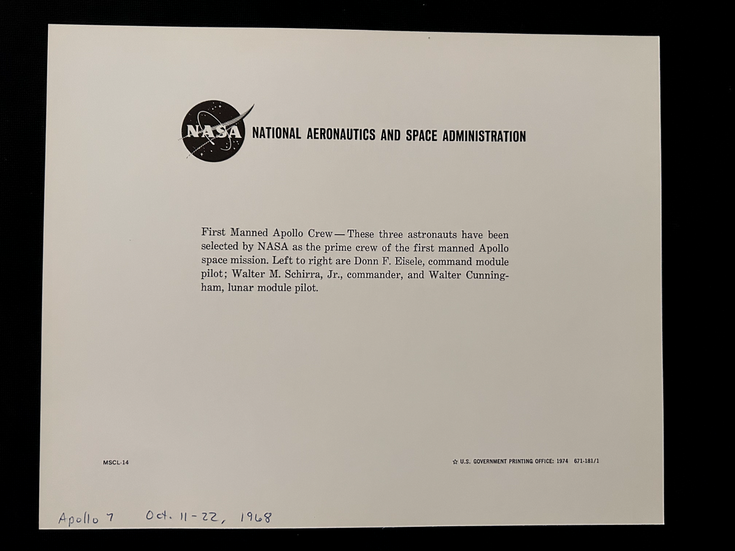 NASA Apollo 7 astronauts crew official 8X10 litho