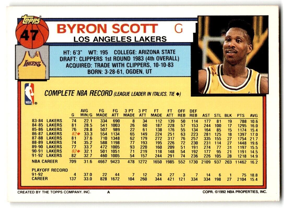 1992-93 Topps Byron Scott Los Angeles Lakers #47