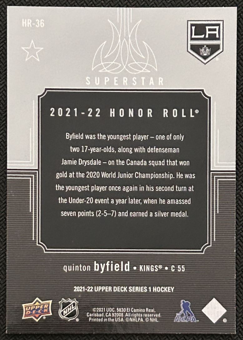 2021-22 Upper Deck Honor Roll Quinton Byfield Los Angeles Kings #HR-36