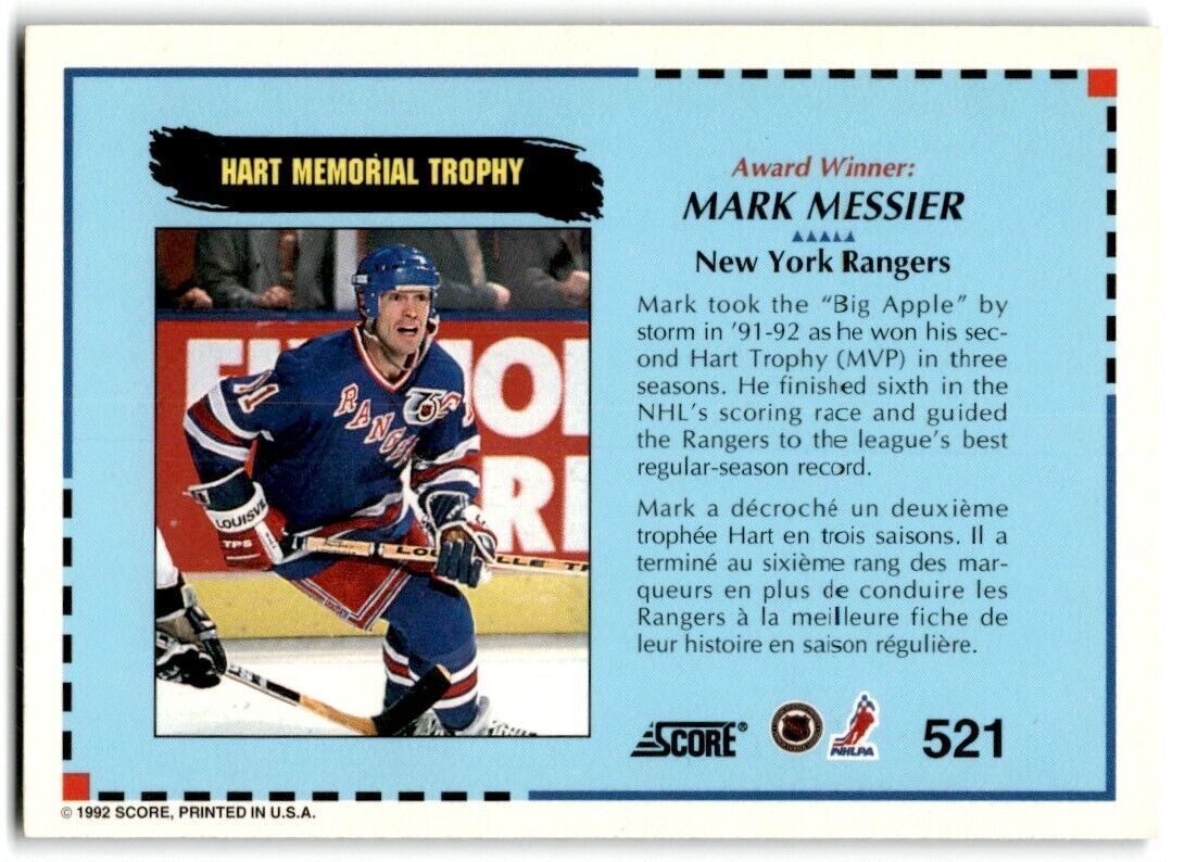 1992-93 Score Mark Messier New York Rangers #521