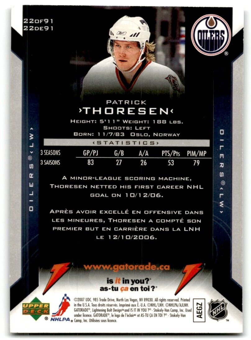 2006-07 Upper Deck Gatorade Patrick Thoresen Edmonton Oilers #22