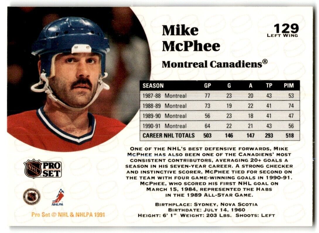 1991-92 Pro Set Mike McPhee Montreal Canadiens #129