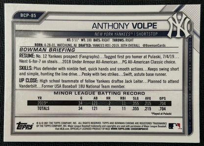 2021 Bowman Chrome Prospects Anthony Volpe New York Yankees #BCP-85