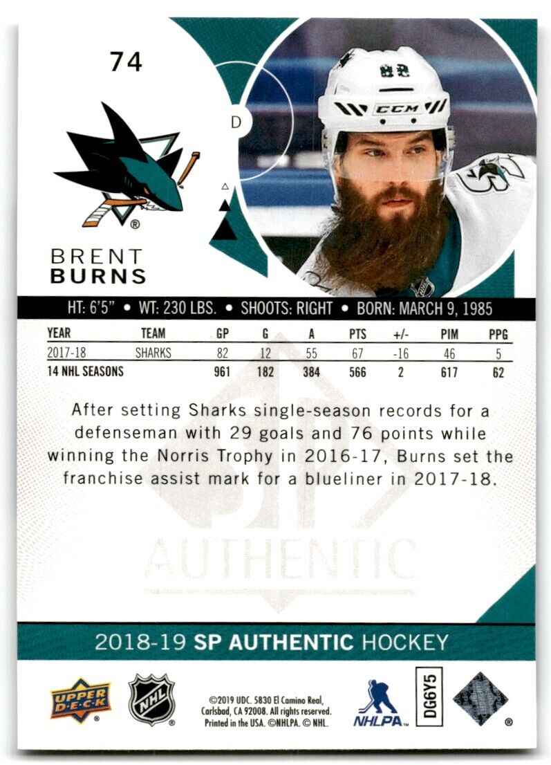 2018-19 SP Authentic Brent Burns San Jose Sharks #74