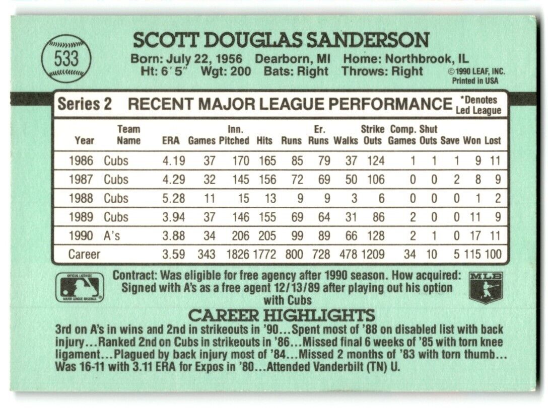 1991 Donruss Scott Sanderson Oakland Athletics #533