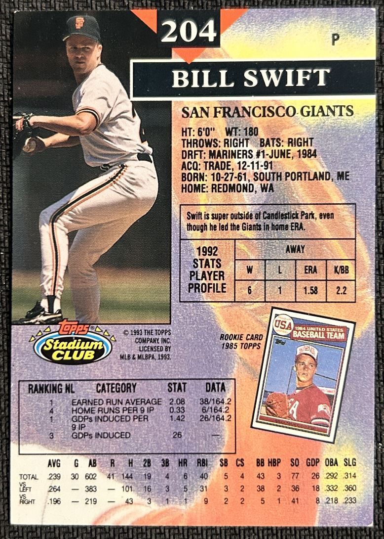 1993 Topps Stadium Club Bill Swift San Francisco Giants #204