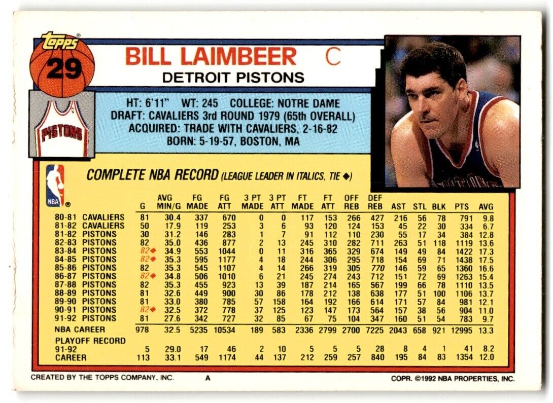 1992-93 Topps Bill Laimbeer Detroit Pistons #29