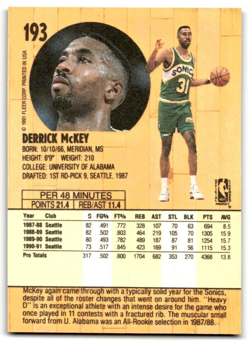 1991-92 Fleer Derrick McKey Seattle SuperSonics #193