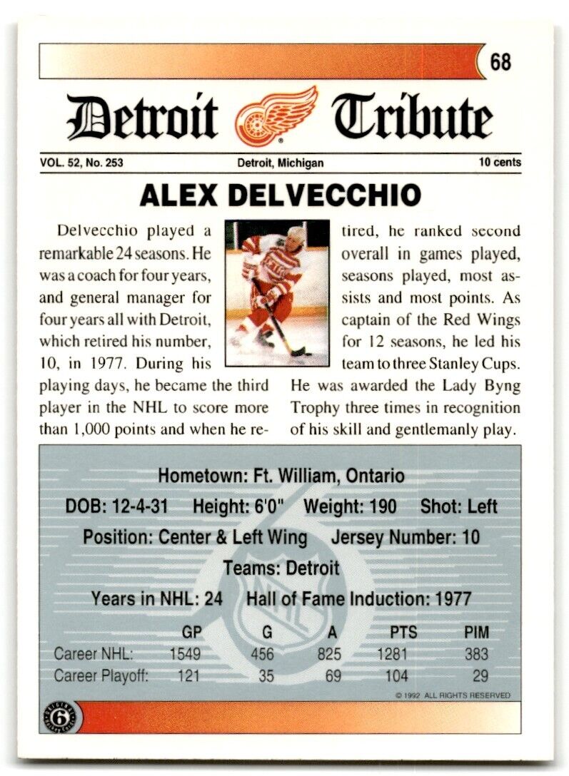 1991-92 Ultimate Original 6 Alex Delvecchio Detroit Red Wings #68