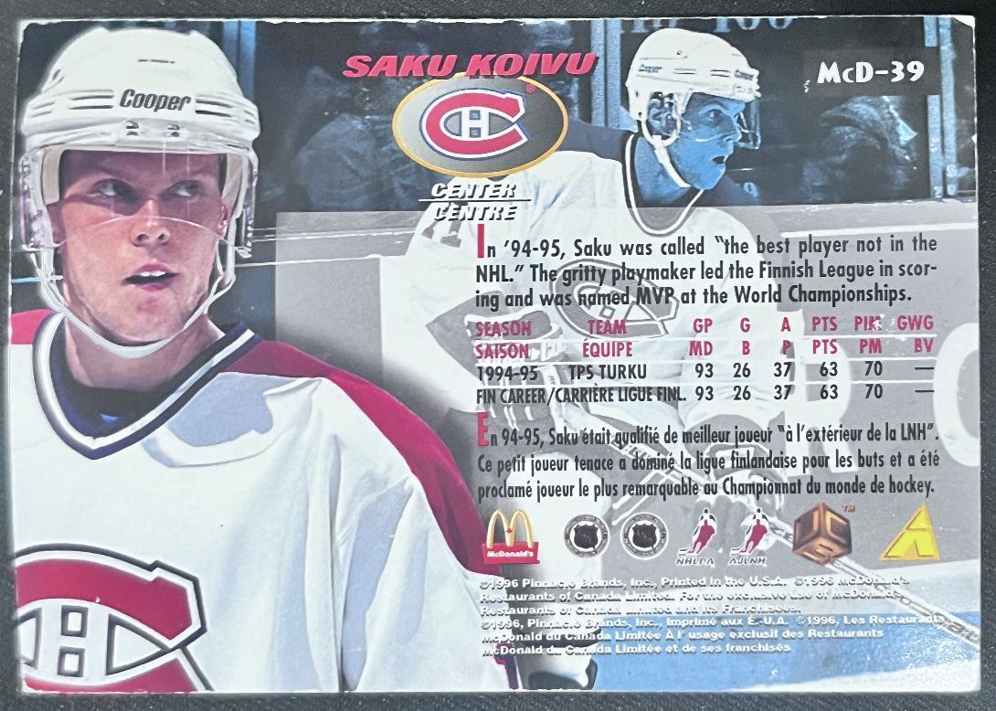 1995-96 Pinnacle McDonald's Game Winners Saku Koivu Montreal Canadiens #MCD-39