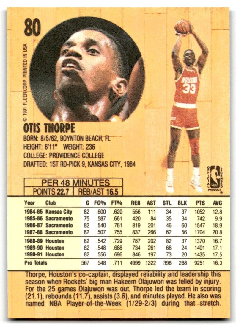 1991-92 Fleer Otis Thorpe Houston Rockets #80