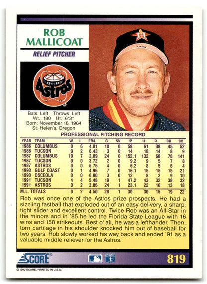 1992 Score Rob Mallicoat Houston Astros #819