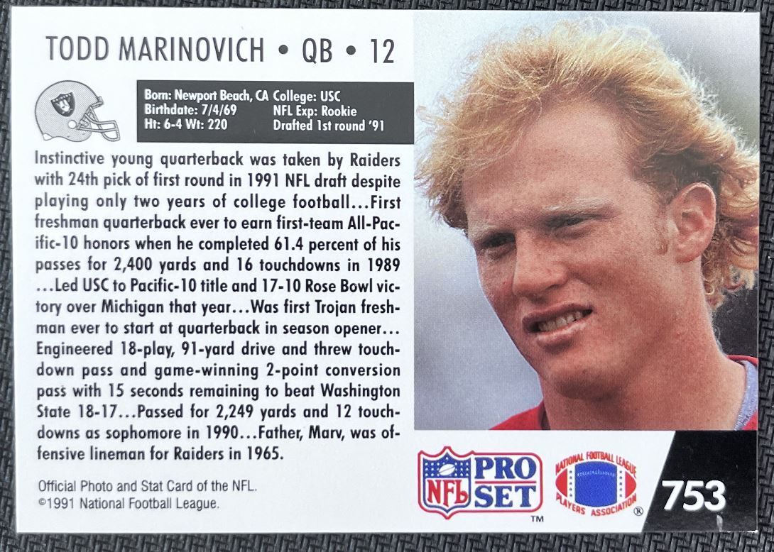 1991 Pro Set Todd Marinovich Rookie Los Angeles Raiders #753