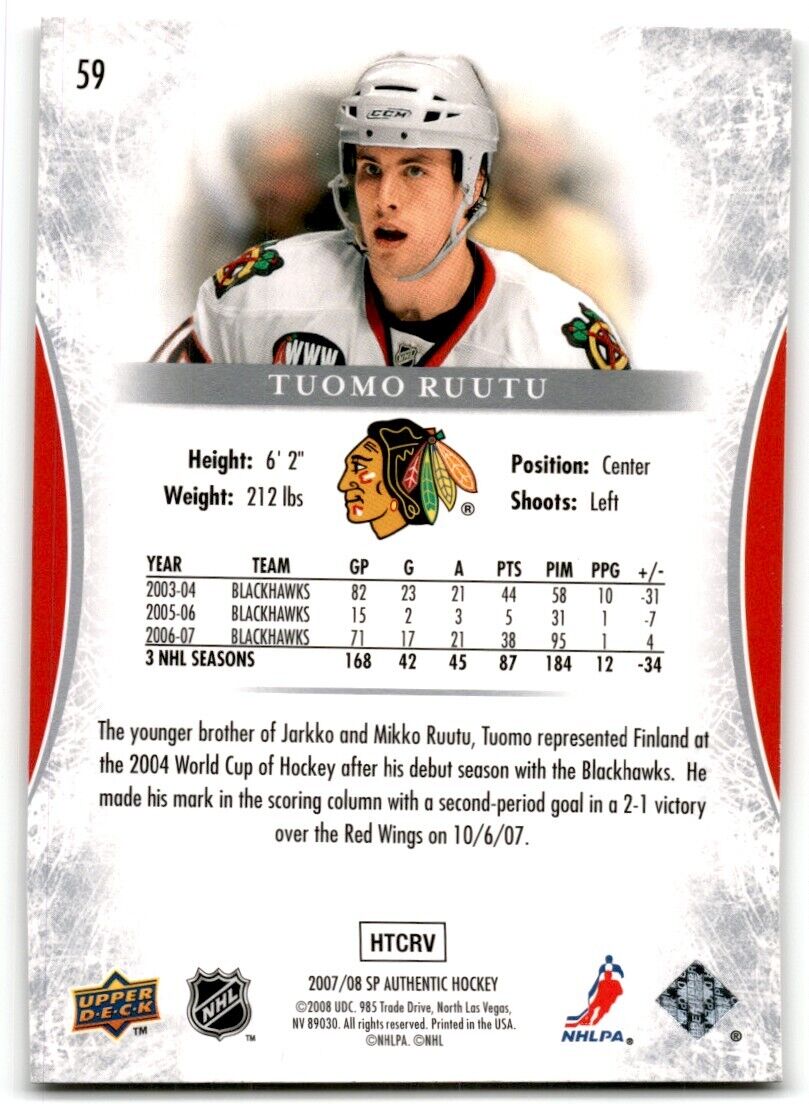 2007-08 SP Authentic Tuomo Ruutu Chicago Blackhawks #59