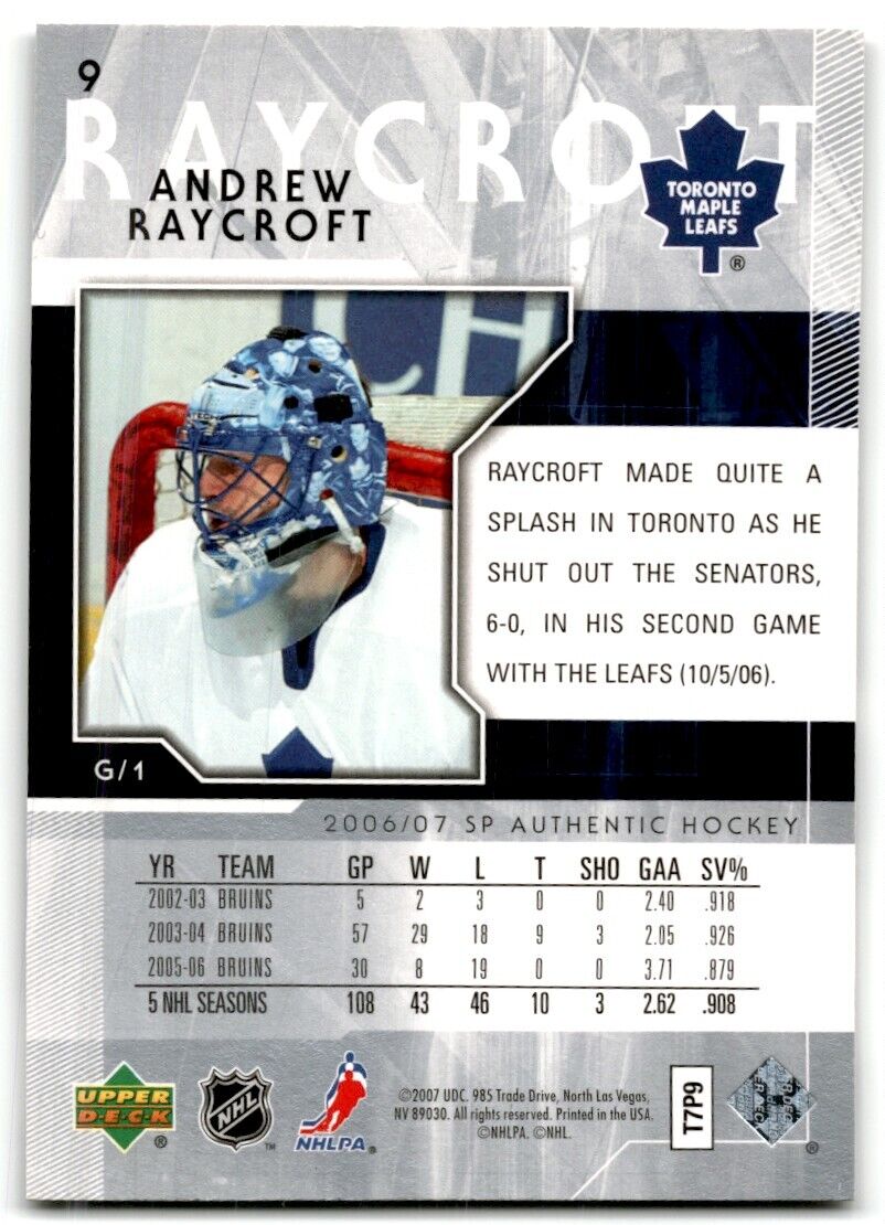 2006-07 SP Authentic Andrew Raycroft Toronto Maple Leafs #9