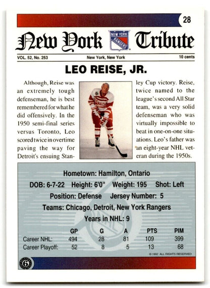 1991-92 Ultimate Original 6 Leo Reise New York Rangers #28