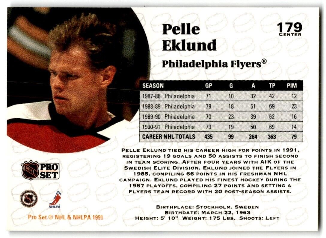 1991-92 Pro Set Pelle Eklund Philadelphia Flyers #179