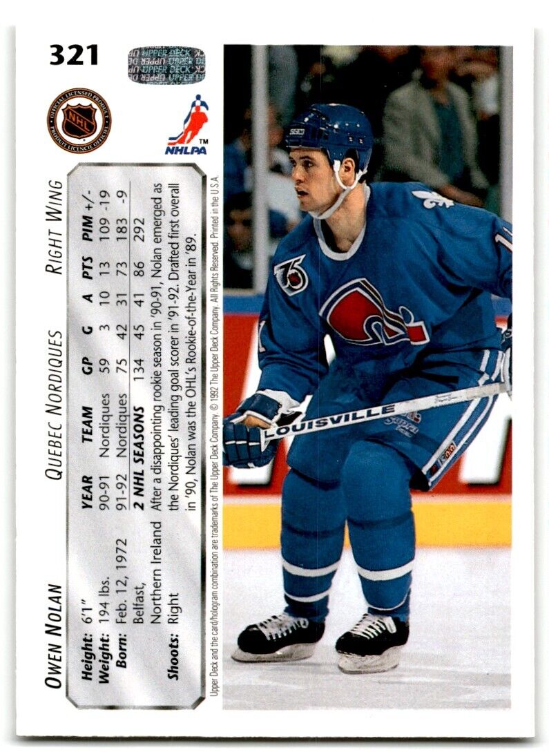 1992-93 Upper Deck Owen Nolan Quebec Nordiques #321