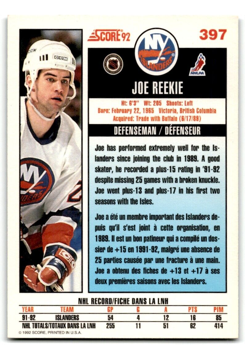 1992-93 Score Joe Reekie New York Islanders #397