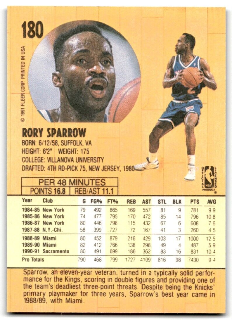 1991-92 Fleer Rory Sparrow Sacramento Kings #180