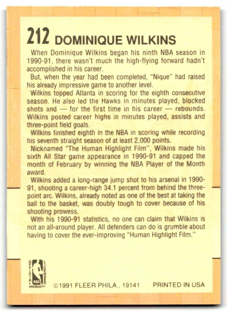 1991-92 Fleer Dominique Wilkins Atlanta Hawks #212