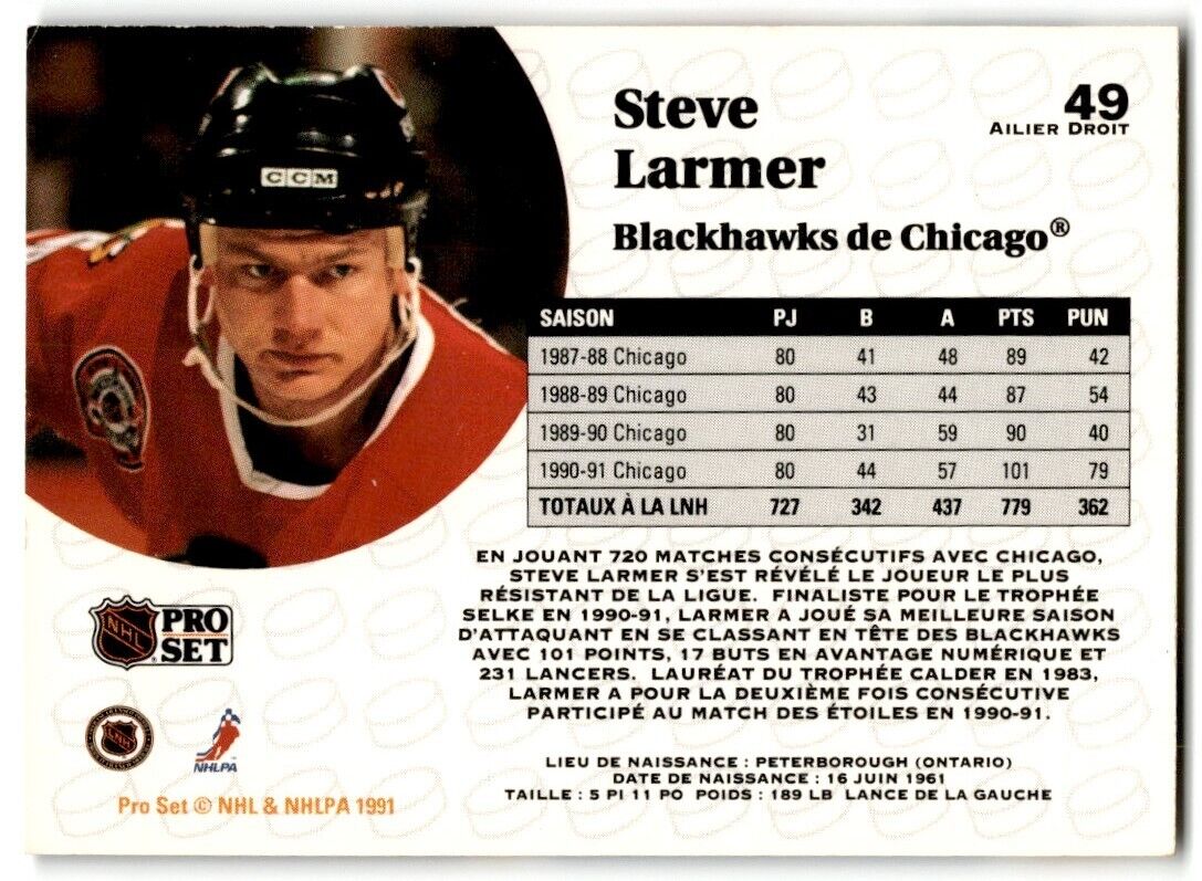 1991-92 Pro Set French Steve Larmer Chicago Blackhawks #49