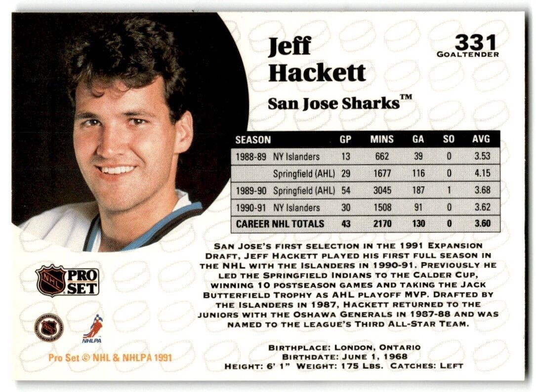 1991-92 Pro Set Jeff Hackett San Jose Sharks #331