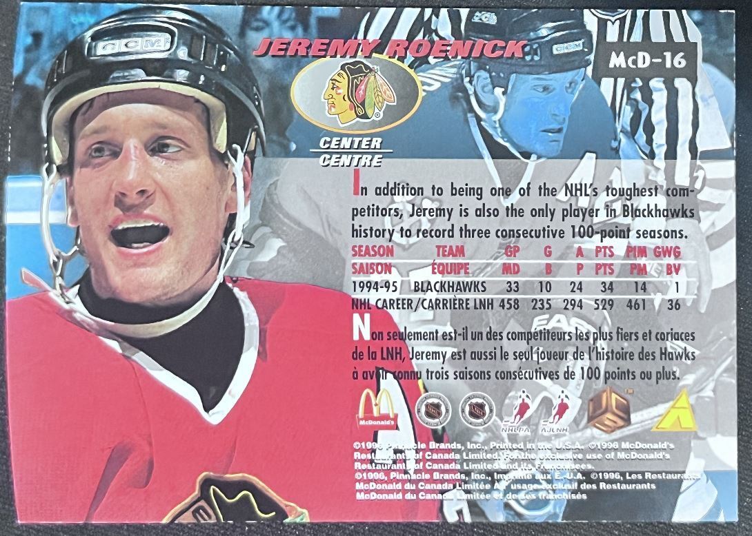 1995-96 Pinnacle McDonald's Game Winners Jeremy Roenick Chicago Blackhawks