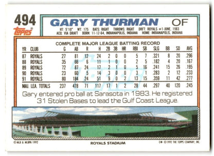 1992 Topps Gary Thurman Kansas City Royals #494