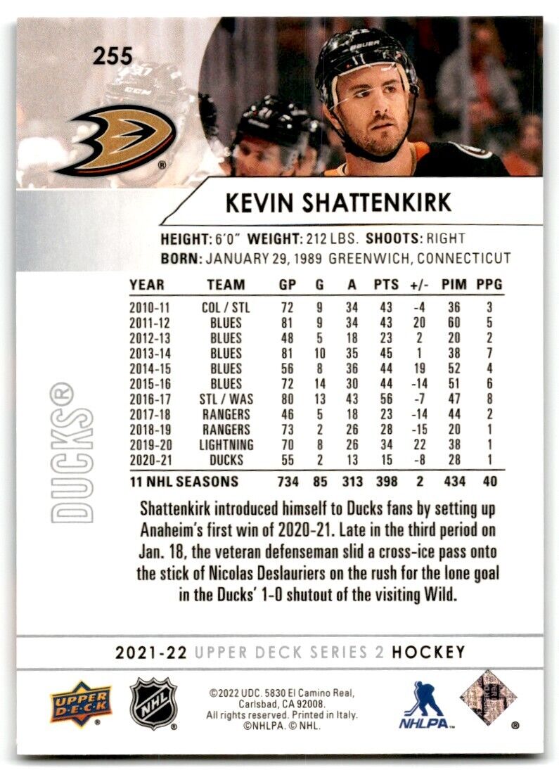 2021-22 Upper Deck Kevin Shattenkirk Anaheim Ducks #255