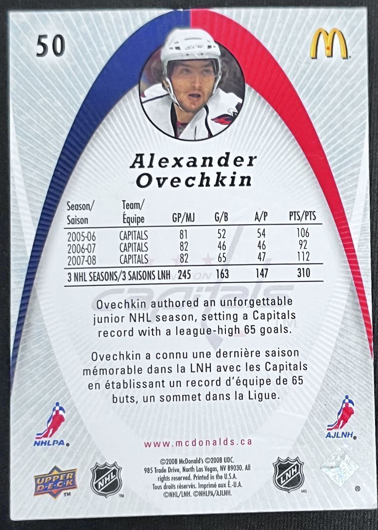 2008-09 McDonald's Upper Deck Alexander Ovechkin Washington Capitals #50