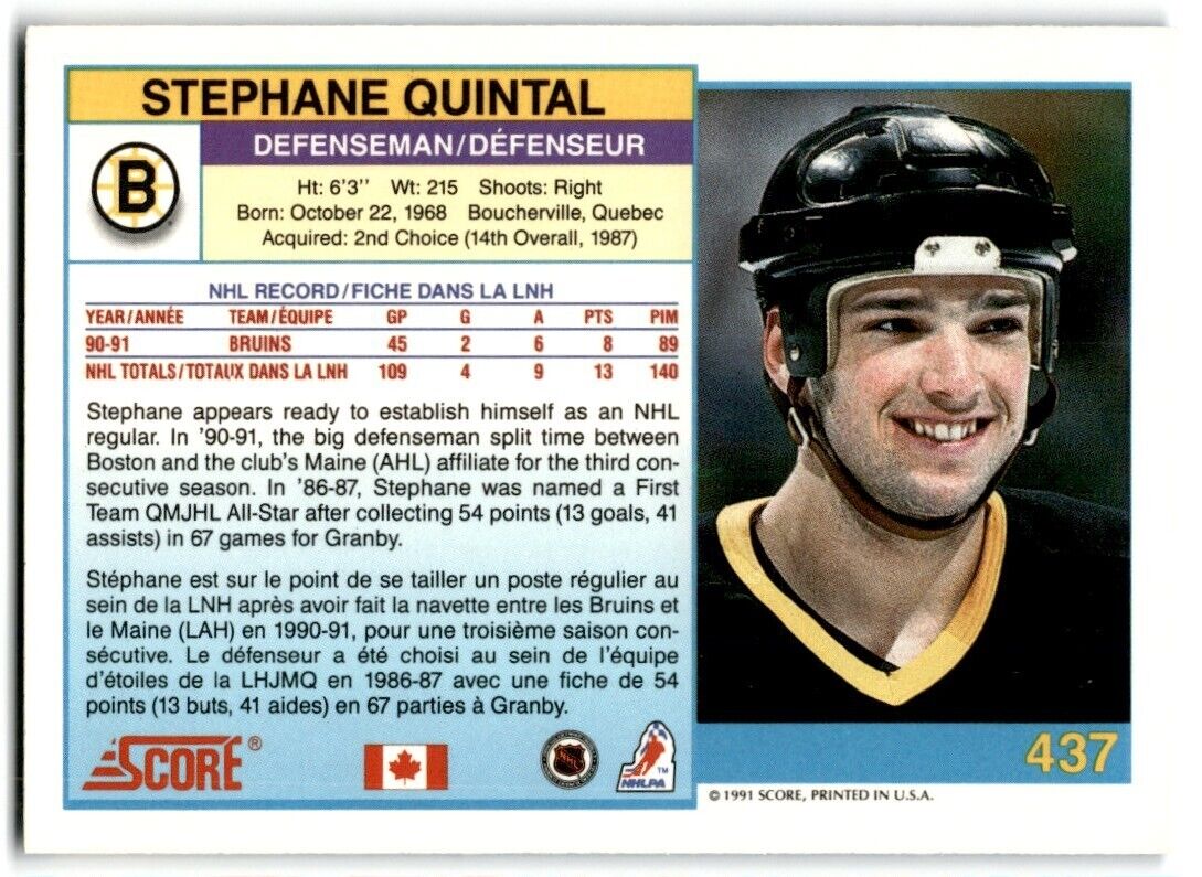 1991-92 Score Canadian Stephane Quintal Boston Bruins #437