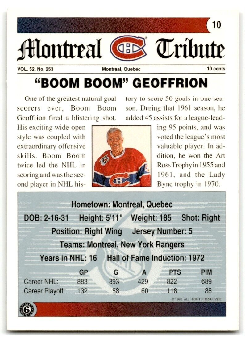 1991-92 Ultimate Original 6 Bernie Geoffrion Montreal Canadiens #10