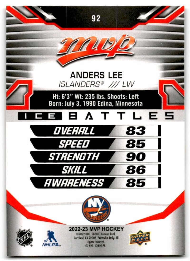 2022-23 Upper Deck MVP Ice Battles Anders Lee New York Islanders #92