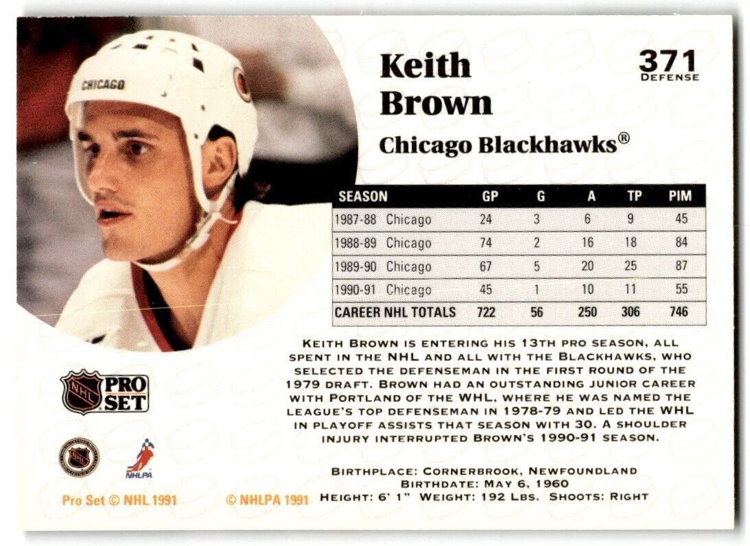 1991-92 Pro Set Keith Brown Chicago Blackhawks #371