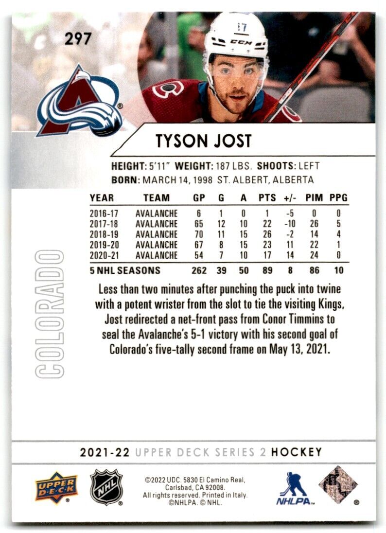 2021-22 Upper Deck Tyson Jost Colorado Avalanche #297