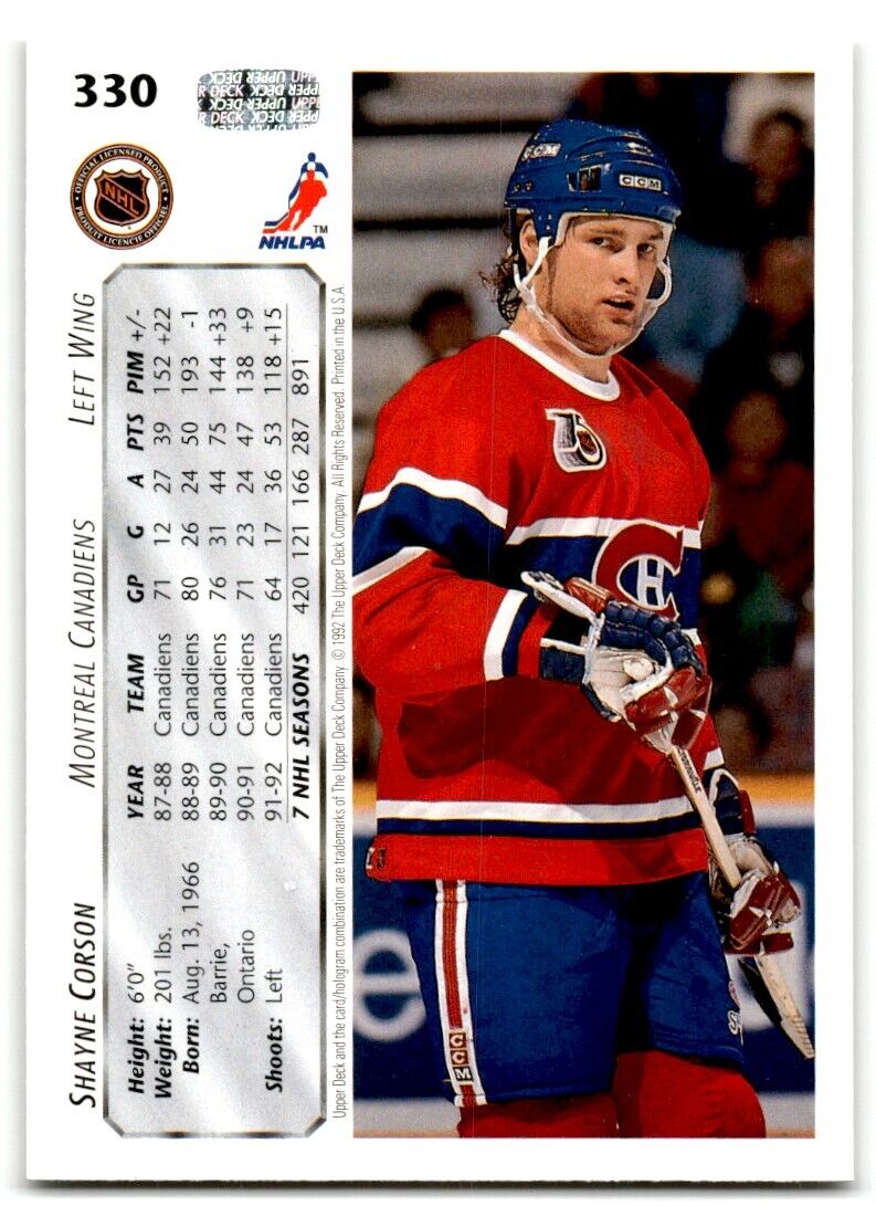 1992-93 Upper Deck Shayne Corson Montreal Canadiens #330