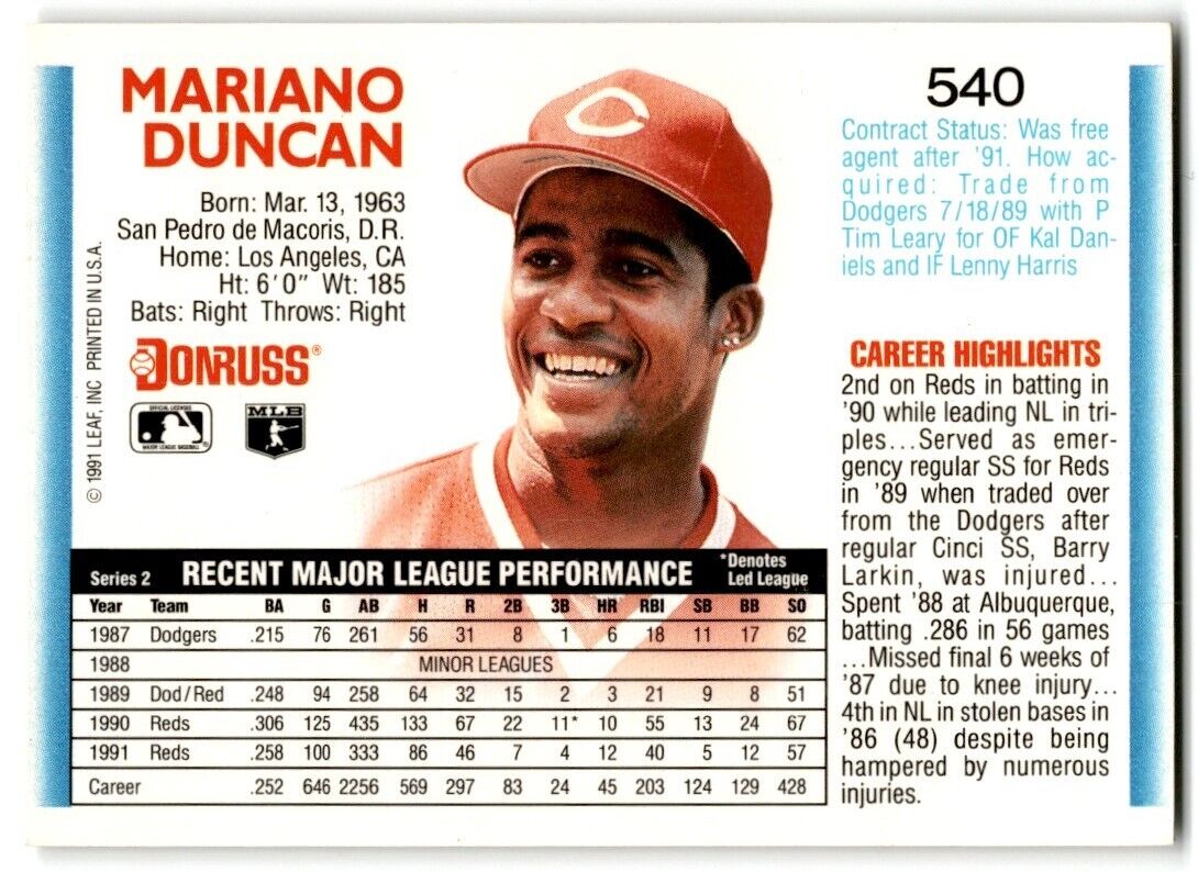 1992 Donruss Mariano Duncan Cincinnati Reds #540