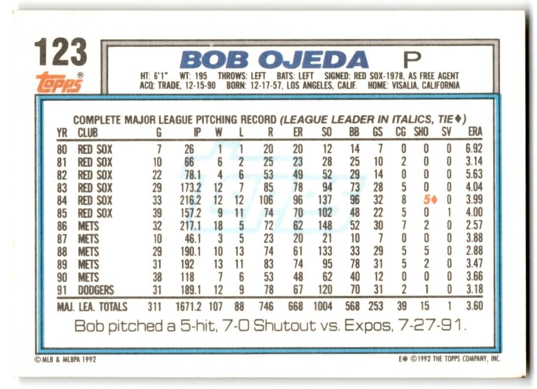 1992 Topps Bob Ojeda Los Angeles Dodgers #123