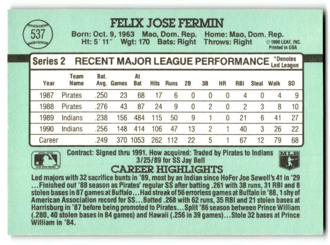 1991 Donruss Felix Fermin Cleveland Indians #537