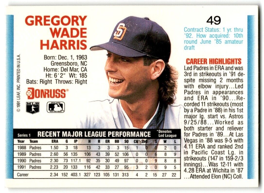 1992 Donruss Greg Harris San Diego Padres #49