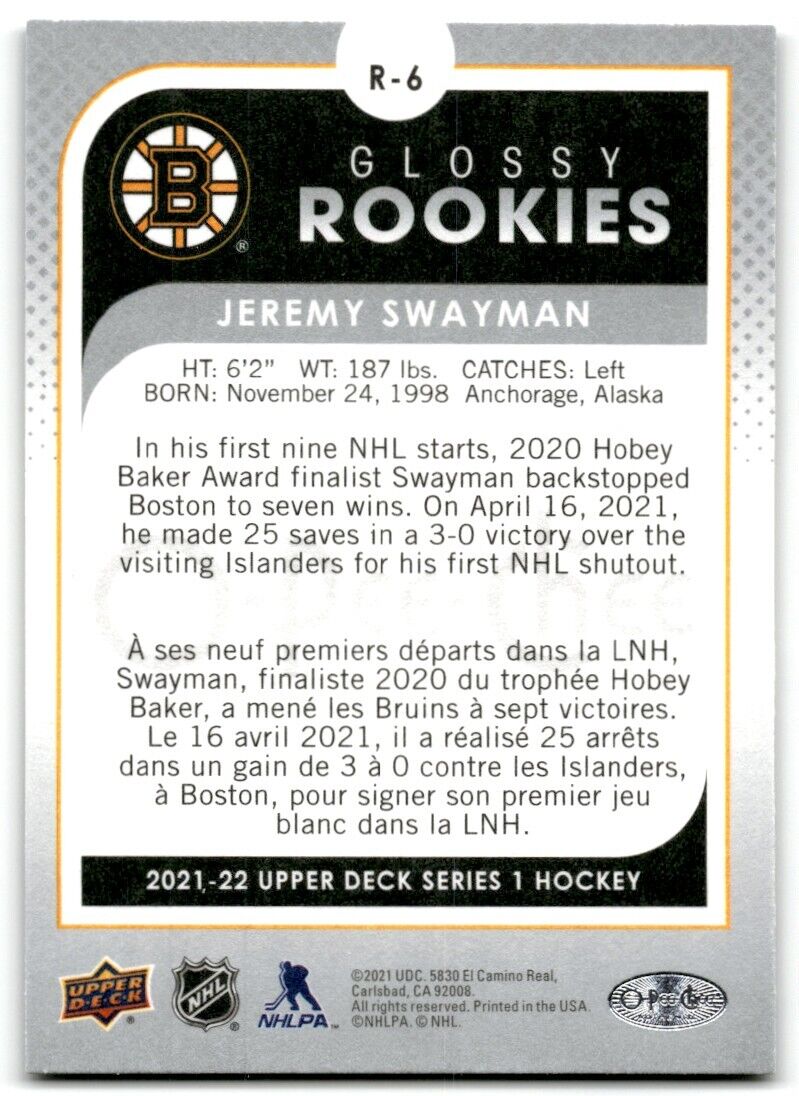 2021-22 Upper Deck O-Pee-Chee Glossy Rookies Jeremy Swayman Boston Bruins #R-6