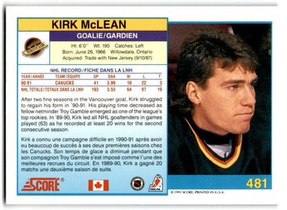 1991-92 Score Canadian Bilingual Kirk McLean Vancouver Canucks #481