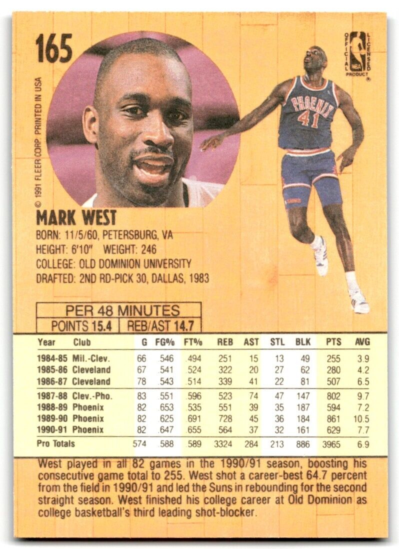 1991-92 Fleer Mark West Phoenix Suns #165