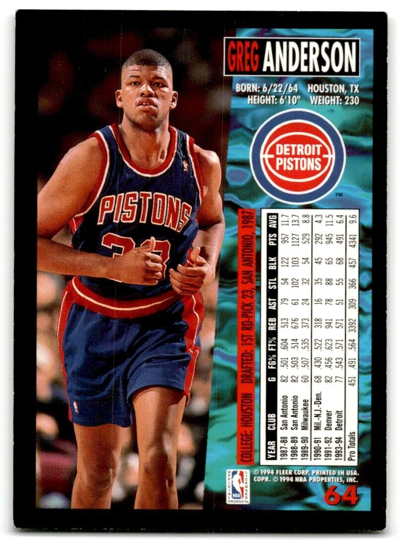 1994-95 Fleer Greg Anderson Detroit Pistons #64